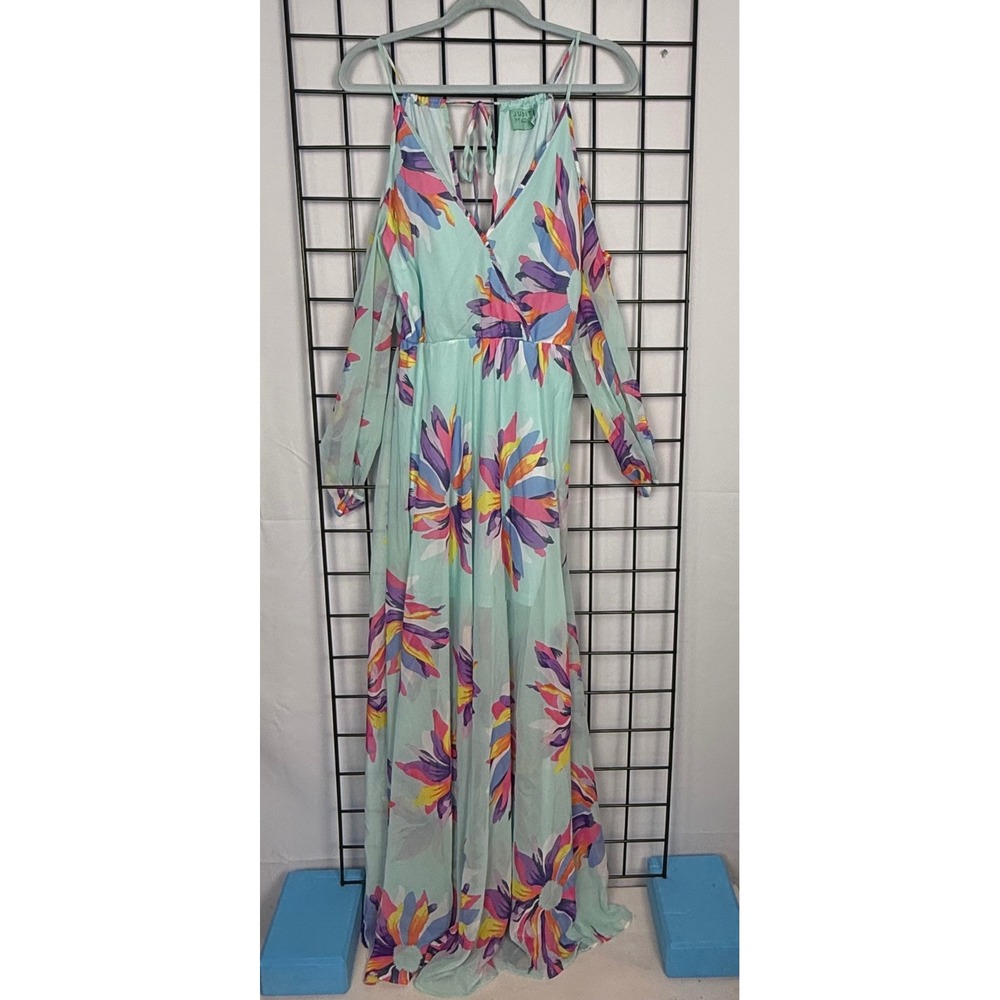 Judith March Maxi Dress Womens Small Mint Floral Cold Shoulder V-Neck Chiffon